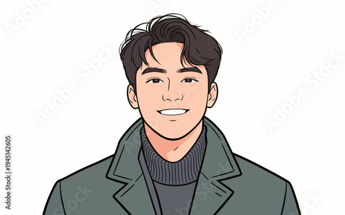 A young man stands with a smile, wearing a coat and a sweater. He has short hair and a cheerful expression. The background is plain.