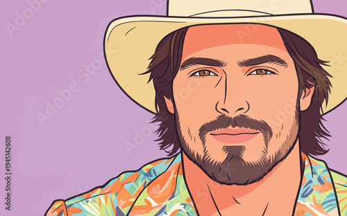 A man smiles while wearing a large hat and a bright shirt. The background is purple. He has a stylish look in a drawing style.