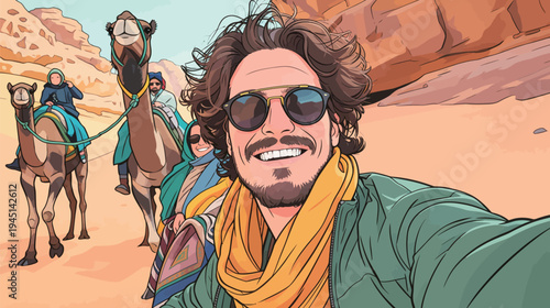 Group of friends smiles while riding camels in the desert. They take a selfie near rocky cliffs and sand.