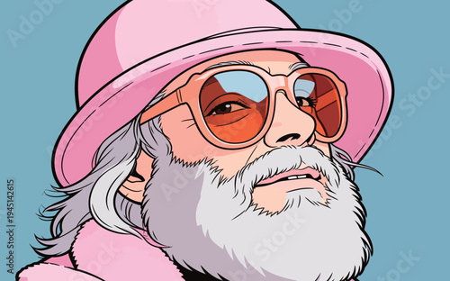 A man with a gray beard wears a pink hat and sunglasses while looking confidently at the viewer in an art scene.