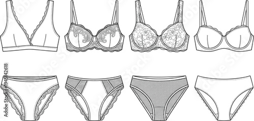 Women lingerie underwear set illustration, bras and panties lace fashion collection isolated line art intimate apparel design for clothing catalog