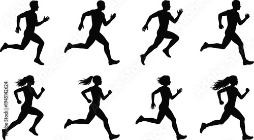 Running people silhouettes set, male and female runners jogging sprinting fitness training athletes isolated black silhouette collection for sports design
