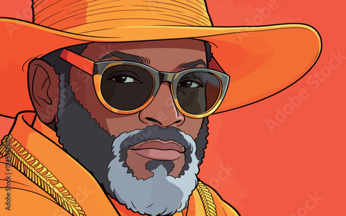 A man with a beard wears an orange hat and sunglasses. He poses confidently in front of a vibrant background.