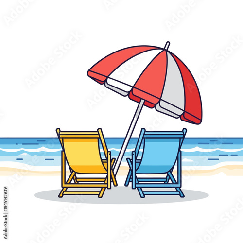 Beach chairs and umbrella on sand with ocean waves and blue sky