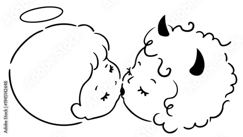 Cute angel and little devil kiss — opposites attract, romantic Valentine love story, sweet baby cupid with halo and playful horns