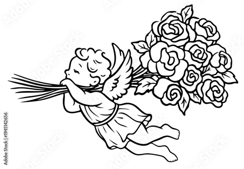 Hand Drawn Flying Cupid Carrying Large Bouquet of Roses, Passionate Love Messenger for Valentines Day