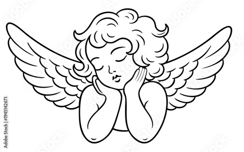 Dreamy cupid resting face on hands — thoughtful angel of love waiting for Valentine romance, soft wings and halo