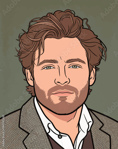 A man stands facing forward with curly hair and a beard. He wears a suit over a shirt and looks directly ahead.