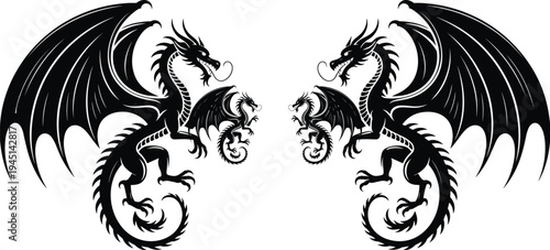 Dragon silhouette set, mythical flying creatures, fantasy monsters, winged beast, gothic dragon tattoo, cad drawing flat vector illustration, fire breather, epic.