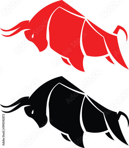 Powerful bull silhouette set in red and black colors for mascot or logo design