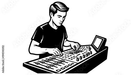 A musician working on a soundboard with a laptop nearby
