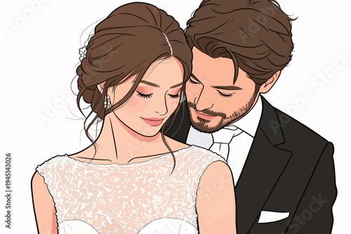 A couple enjoys their wedding day, smiling at each other in a loving embrace. They appear happy and connected in this special moment.