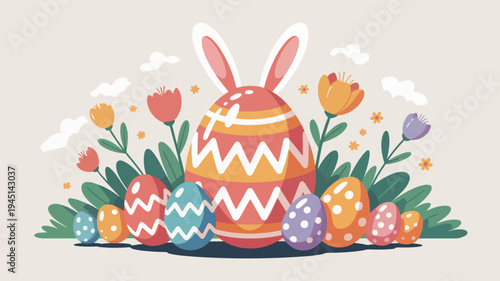 Colorful easter eggs with bunny ears surrounded by flowers and leaves on a beige background
