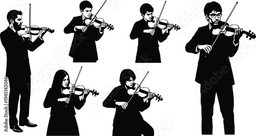 Violinist silhouette collection with musicians performing, orchestra, string ensemble, classical music, concert, discipline, harmony, art, culture, performance illustration
