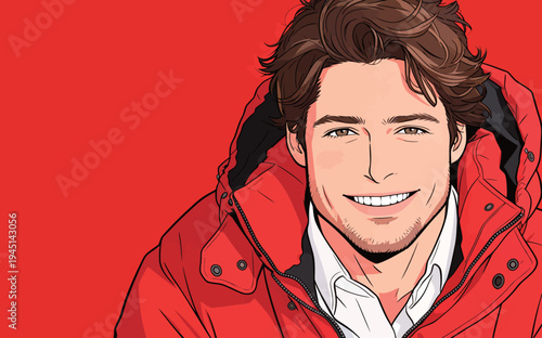 A young man smiles brightly while wearing a red jacket in front of a solid color background. His expression shows happiness and confidence.