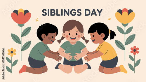 Three diverse children kneeling holding hands smiling siblings day flowers background