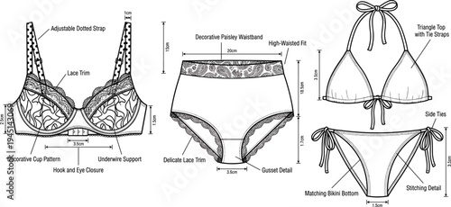 Lingerie technical drawing with measurements, lace bra, high waist panties and triangle bikini set, detailed vector fashion design template