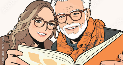 Two people share a book while smiling. They show joy and connection in a warm indoor space, dressed comfortably and happily engaged.