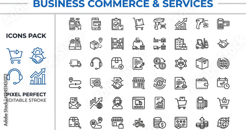 Business Commerce and Services Outline Vector Icons — Retail, Logistics, Payment and Customer Support Editable Stroke Icons for Web and App