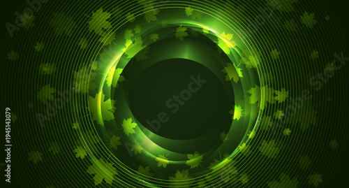 Shiny green glowing neon circles with spring leaves abstract natural background. Vector design