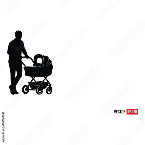 Silhouette of a man pushing a baby stroller with a baby inside on a plain background