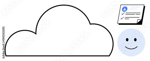 Cloud-shaped outline with checklist paper featuring user information and smiling face. Ideal for data storage, accessibility, tech innovation, user interface, digital progress, cloud computing