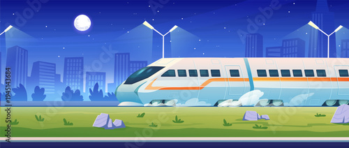 Modern train night cityscape background, railroad