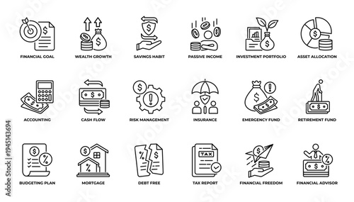 Financial Plan and Financial Goal Icon Set Line Art Vector Illustration Editable
