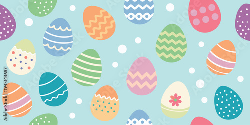 Illustration of colorful easter eggs with various patterns on a light blue background with white polka dots, festive holiday design elements