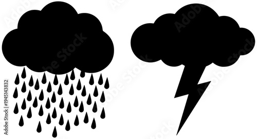 Black Silhouettes of a Rain Cloud with Raindrops and a Storm Cloud with Lightning Bolt Vector Illustration on White Background