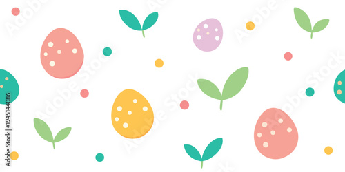 Illustration of colorful easter eggs and leaves scattered on a with small dots of various colors around them in a festive arrangement