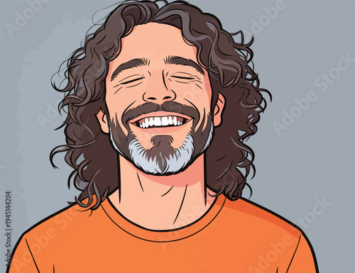 A man with curly hair and a beard smiles widely while wearing an orange shirt against a gray background.