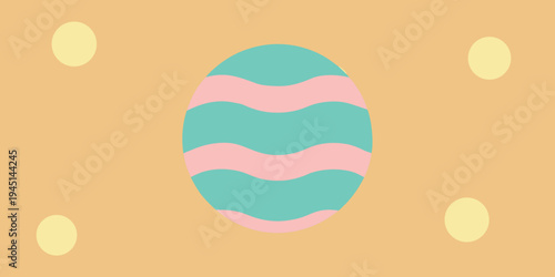 Illustration of vibrant abstract composition with green circle and pink stripes on orange background with yellow dots