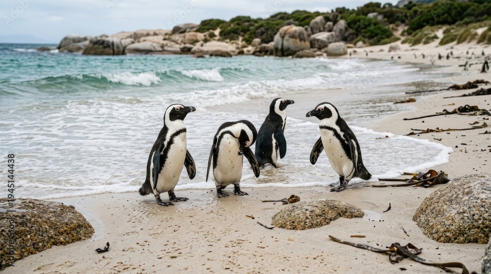 Obraz premium A group of African penguins gathered on a sandy beach near the ocean waves