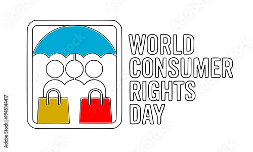 World Consumer Rights Day vector illustration featuring a protective umbrella over shoppers with colorful shopping bags to represent global customer protection and fair trade.