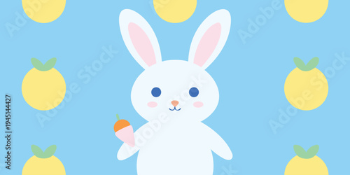 Illustration of cute cartoon white bunny holding carrot on pastel blue background with yellow lemons
