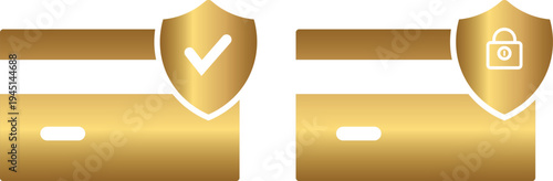 Golden credit cards with security symbols checkmark and padlock