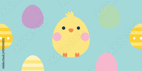 Illustration of cute yellow chick standing among colorful easter eggs on pastel green background with vibrant decorations