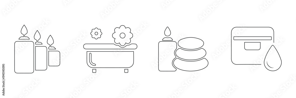 Obraz premium Ayurveda spa wellness candles bathtub stones flowers oils relaxation healing therapy balance nature beauty icon vector illustration.