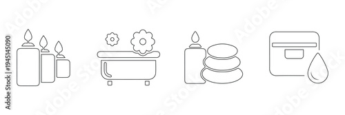 Ayurveda spa wellness candles bathtub stones flowers oils relaxation healing therapy balance nature beauty icon vector illustration.