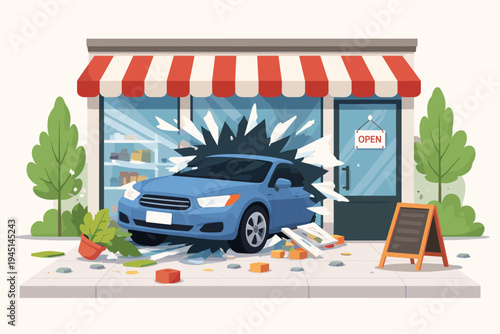 Flat Vector Illustration of a Blue Car Crashing Through a Storefront Window, Causing Property Damage and Shattering Glass at a Local Shop with Red Awning, Concept for Insurance and Road Accidents