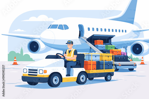 Professional Airport Ground Staff Driving a Baggage Cart Full of Luggage to a Commercial Airplane for Loading, Flat Vector Illustration of Air Travel Logistics and Cargo Handling Services