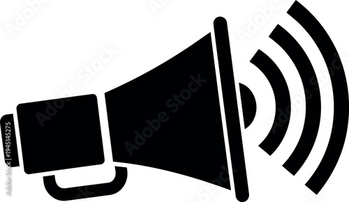 A black and white icon of a megaphone with sound waves
