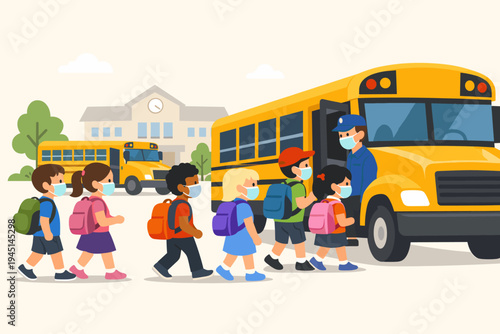 Children Wearing Protective Face Masks Boarding a Yellow School Bus to Go Back to School During Pandemic, Flat Vector Illustration of Students with Backpacks and Driver Following Safety Protocols