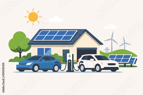 Two electric cars charging at a home station powered by rooftop solar panels and wind turbines in a flat vector illustration representing sustainable green energy and eco-friendly lifestyle.