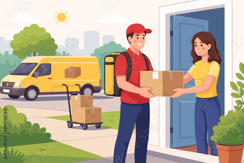 Friendly delivery man in a red uniform handing a cardboard package to a smiling woman at her front door. Yellow delivery van and hand truck with boxes parked on the street. Flat vector style.