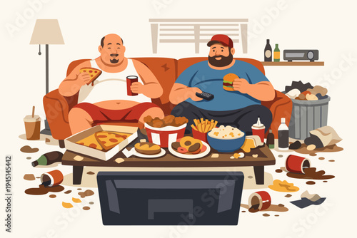 Flat vector illustration of two obese men sitting on a sofa watching TV in a dirty room cluttered with junk food, pizza, burgers, fried chicken, and trash, depicting an unhealthy lifestyle.
