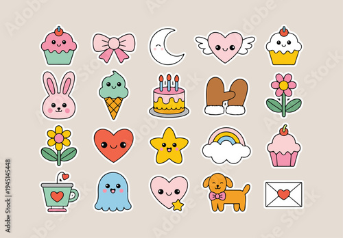 Set of 20 Cute Kawaii Vector Stickers with Hearts, Cupcakes, Rabbit, Dog, Rainbow, and Star for Kids' Designs and Social Media