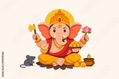 Cute Flat Vector Illustration of Lord Ganesha Sitting on a Lotus with His Mouse Vahana, Holding an Axe, Lotus, and Sweets for Ganesh Chaturthi Festival Celebration on a Light Background.