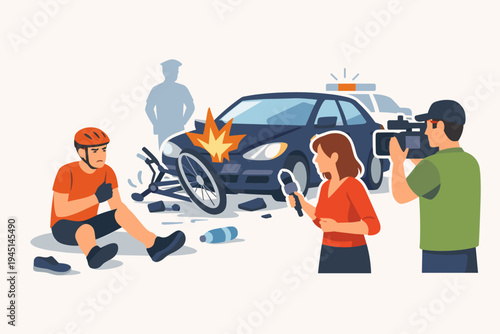Flat Vector Illustration of a Live News Report at a Traffic Accident Scene Where a Car Collided with a Bicycle, Featuring an Injured Cyclist, a Reporter with a Microphone, and a Cameraman Crew.